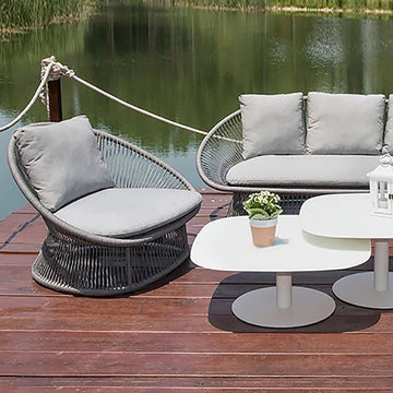 Patio Rattan Barrel Chair with White Cushion Pillow